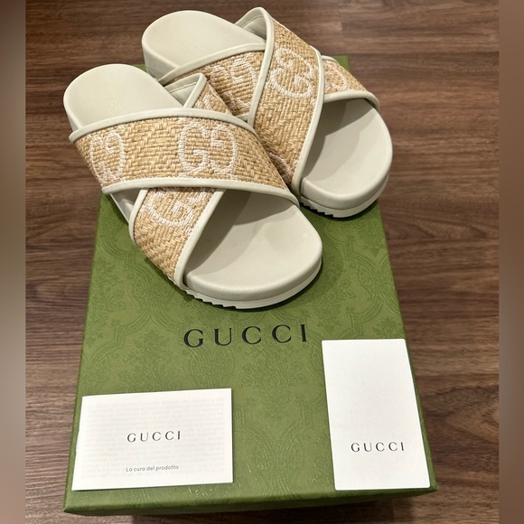 Gucci Crossover-Strap Faux-Raffia And Leather Sandals 36 - Picture 6 of 9